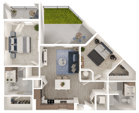 Floor plan for 2 beds, 2 baths, 1031 sqft